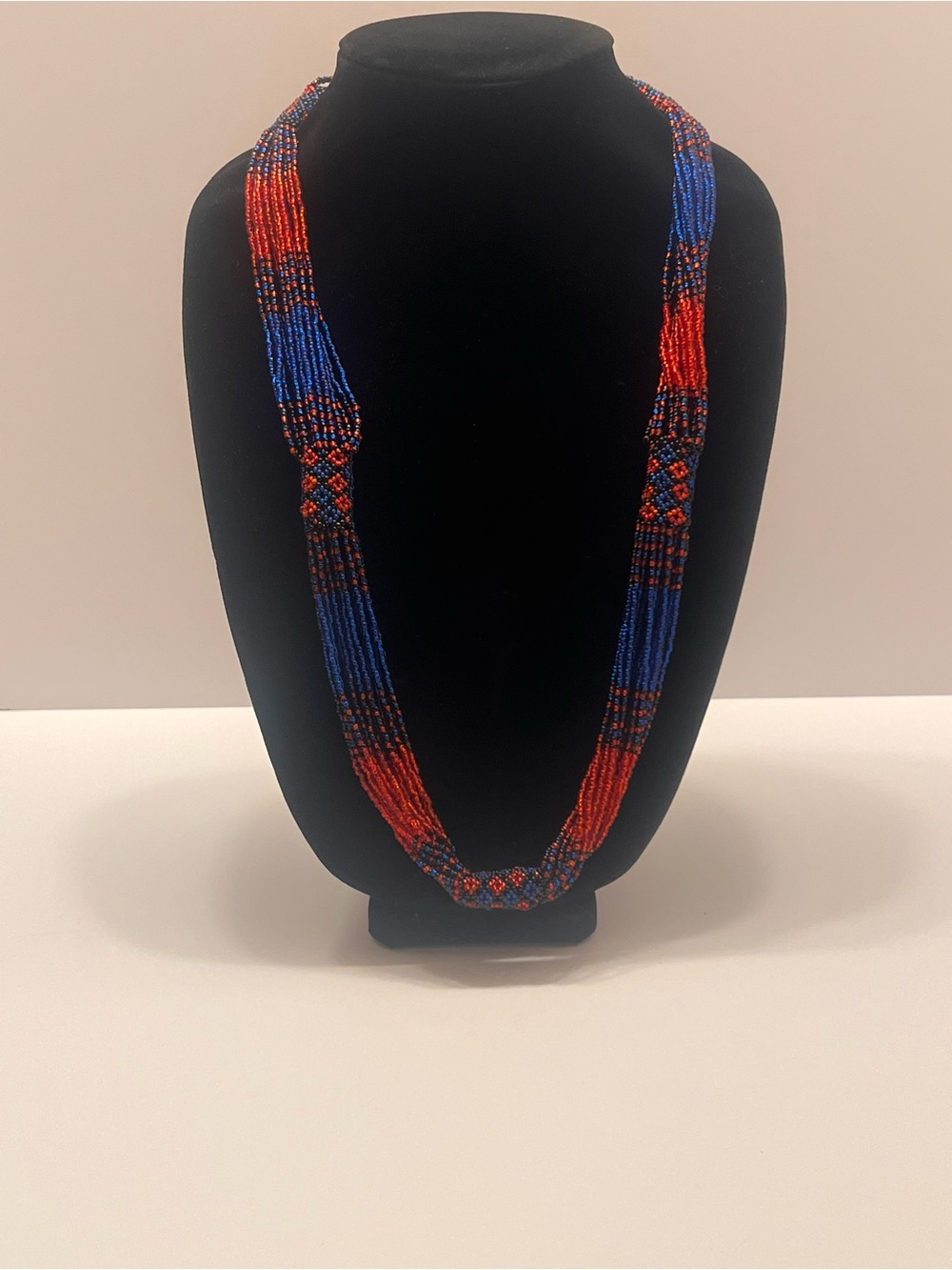 Handmade Red and Blue Seed Bead Statement Necklace
